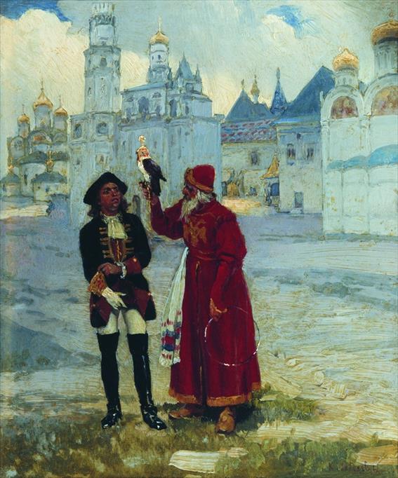 Young Peter the Great and a falconer by K.V.Lebedev