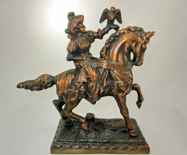 Vintage Heavy Brass Bronze Copper Finish Falconer Rider on Horse Statue 7.5"
