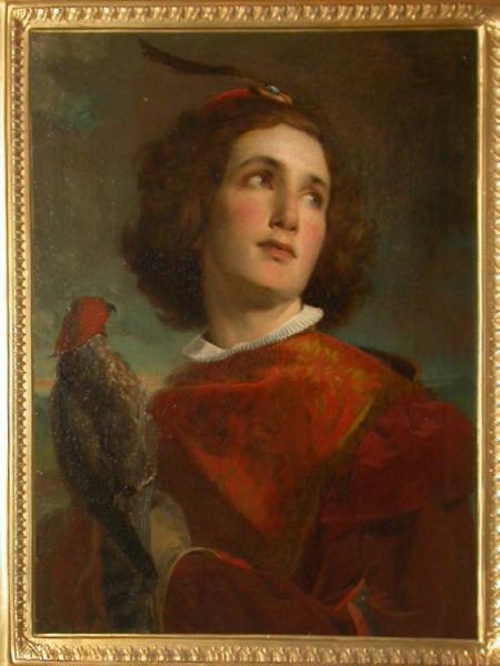 Young fifteenth in costume with a falcon on his arm by Tranquilla Cremona in circa 1859
