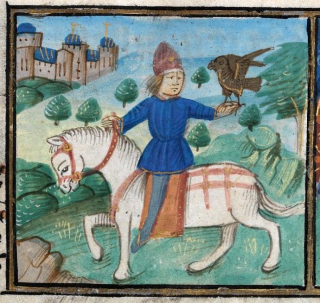 A falconer riding his horse to show the month of May in a calendar