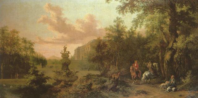 A hawking party in a wooded parkland with a view of a water fountain and a villa beyond. ca. 1680