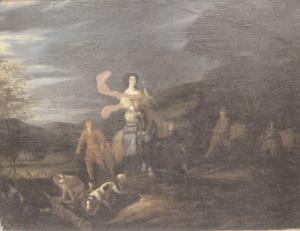 Young woman chasing a falcon and surrounded by her spaniels by A.C.Beeldemaker