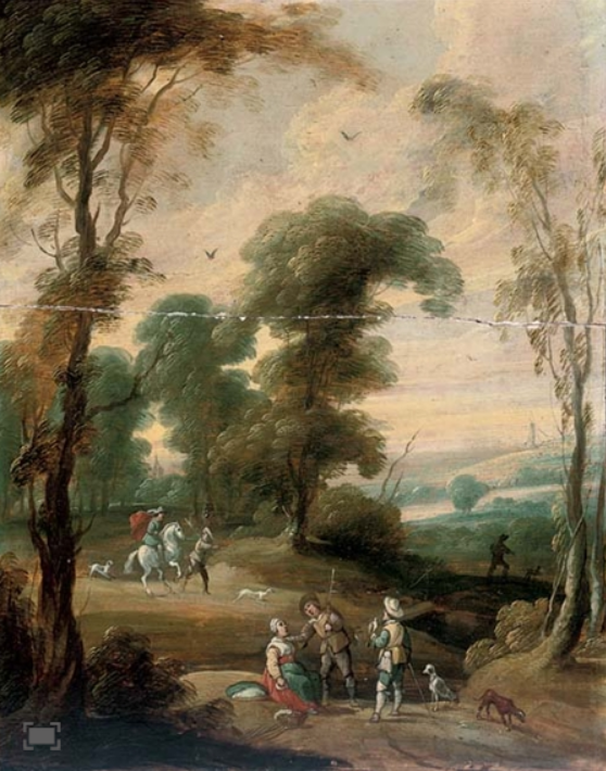  A wooded landscape with a hawking party on a track by circle of Flemish artist Lucas van Uden (18 O