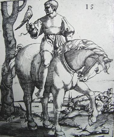 Young falconer on horse with hunting bird, 16th century 