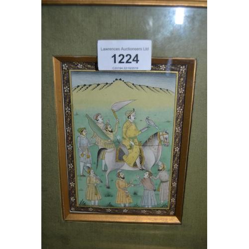 Two small Middle Eastern watercolours, a falconer on horseback and deer hunting, gilt framed 