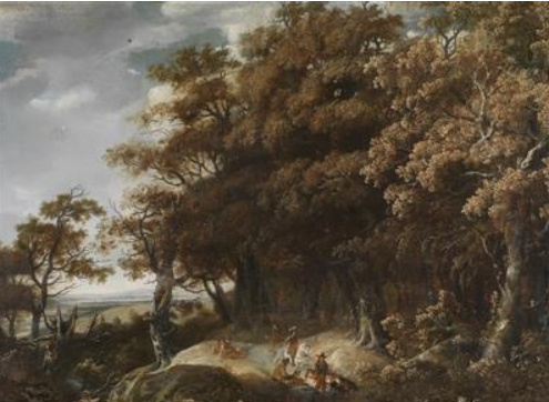 Wooded landscape with a hawking party by Jan Looten (1618-1681)