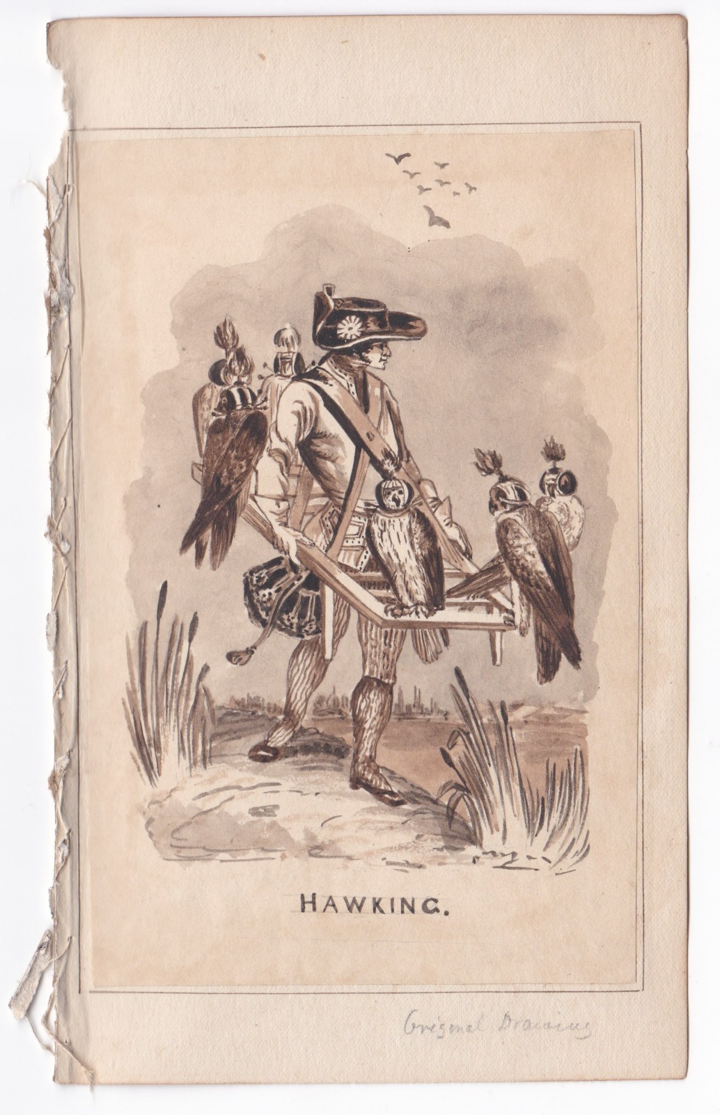 3 ORIGINAL 19TH CENTURY WATERCOLOR DRAWINGS - 'HAWKING' Hunting Falconry ENGLISH