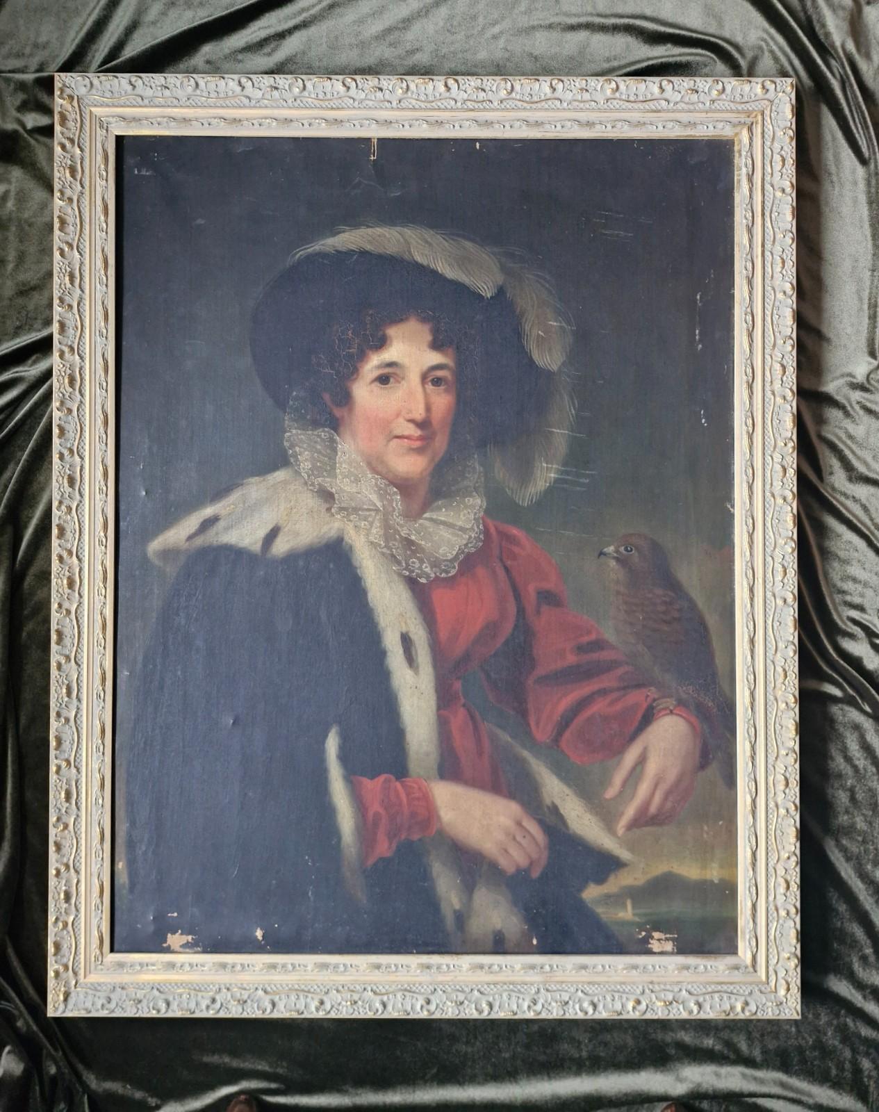Superb 19th Century Antique Oil Portrait, Lady with Falcon in Ornate gilt frame