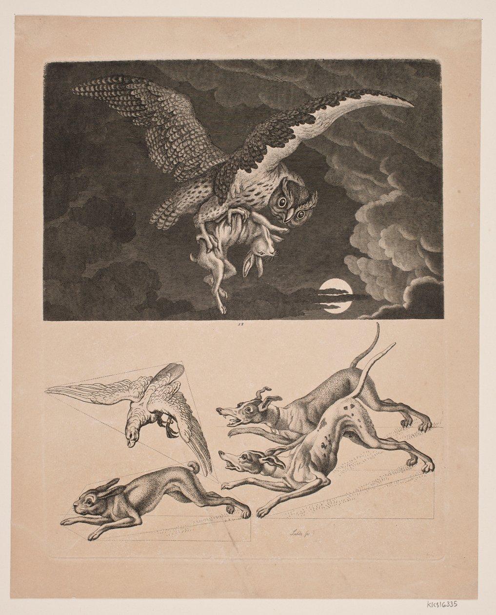 Board with Owl Flying with Hare Below; Dogs, Hare, and Hunting Falcon