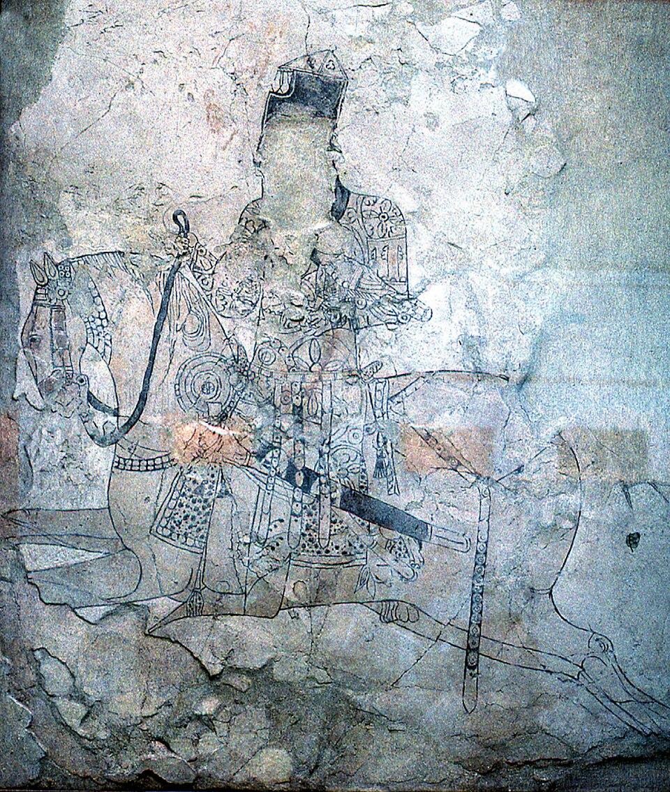 Wall painting of a mounted falconer from Nishapur area, Samanid, 10th century (Museum of Islamic Archaeology, Tehran, Iran)
