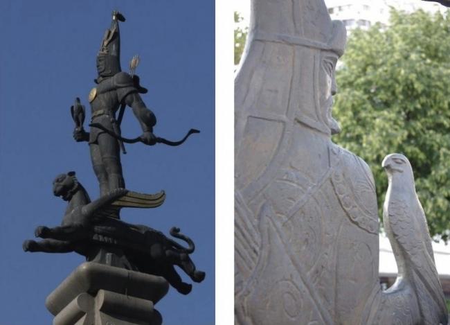 Two falconry monuments in Almaty, Kazakhstan