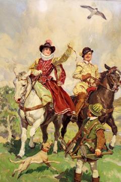 W.R.S. Stott (exh. 1905-1934),Falconry on horseback,signed,oil on board,52 x