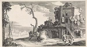 Two Falconers In A Tower Used As An Inn, Print Maker Jan is a drawing by Jan Van De Velde Ii 