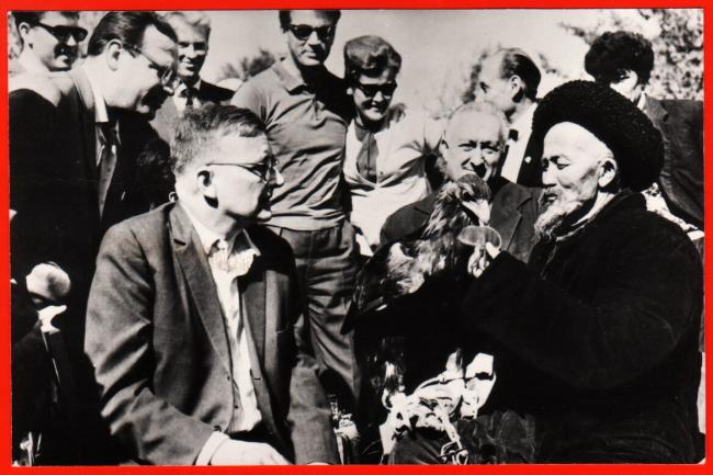 Soviet composer D.D.Shostakovich (1906-1975) with falconers in Kyrgyzstan in 1963 