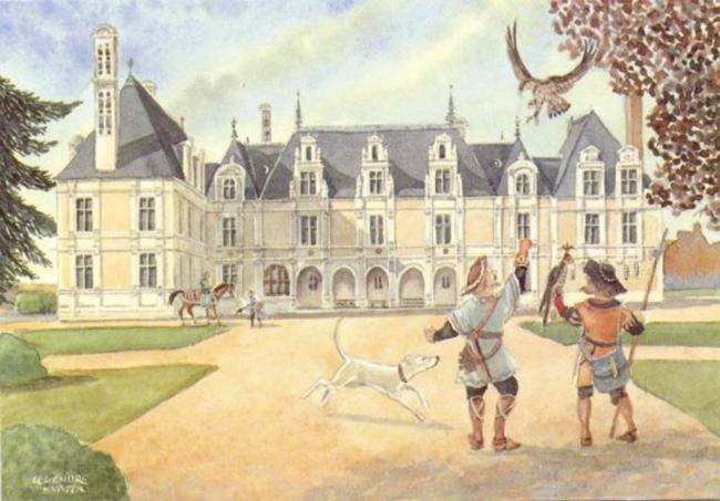 Two falconers with a dog in front of Palace  ChÃ¢teau de Beauregard - water colour