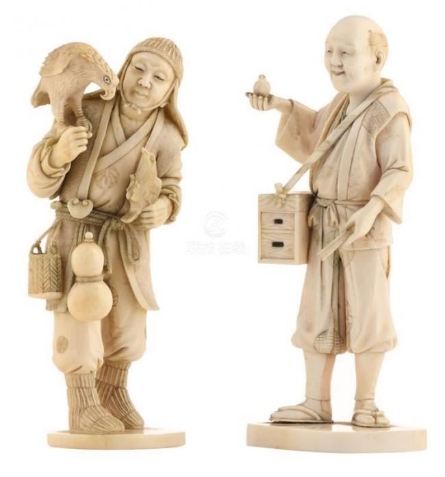 Two Japanese ivory okimono, depicting a falconer and a bird salesman