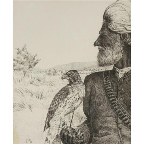  146 HDC Pen & Ink Falconer signed by LL