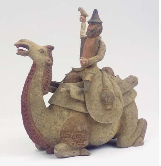  A painted grey pottery figure of a Bactrian camel and falconer TANG DYNASTY