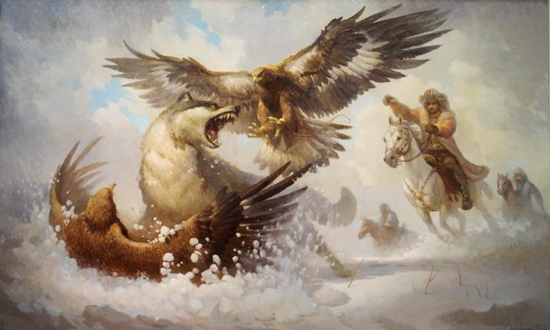Two eagles against one wolf