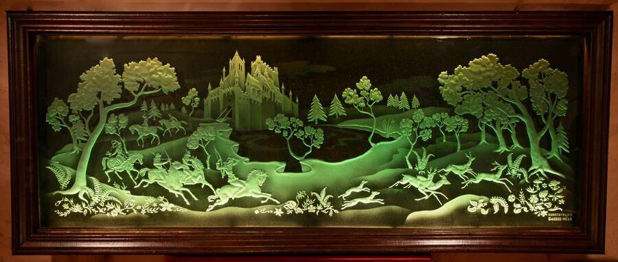 falconry and hunting interest magnificent art deco illuminated etched and engraved very large glass 