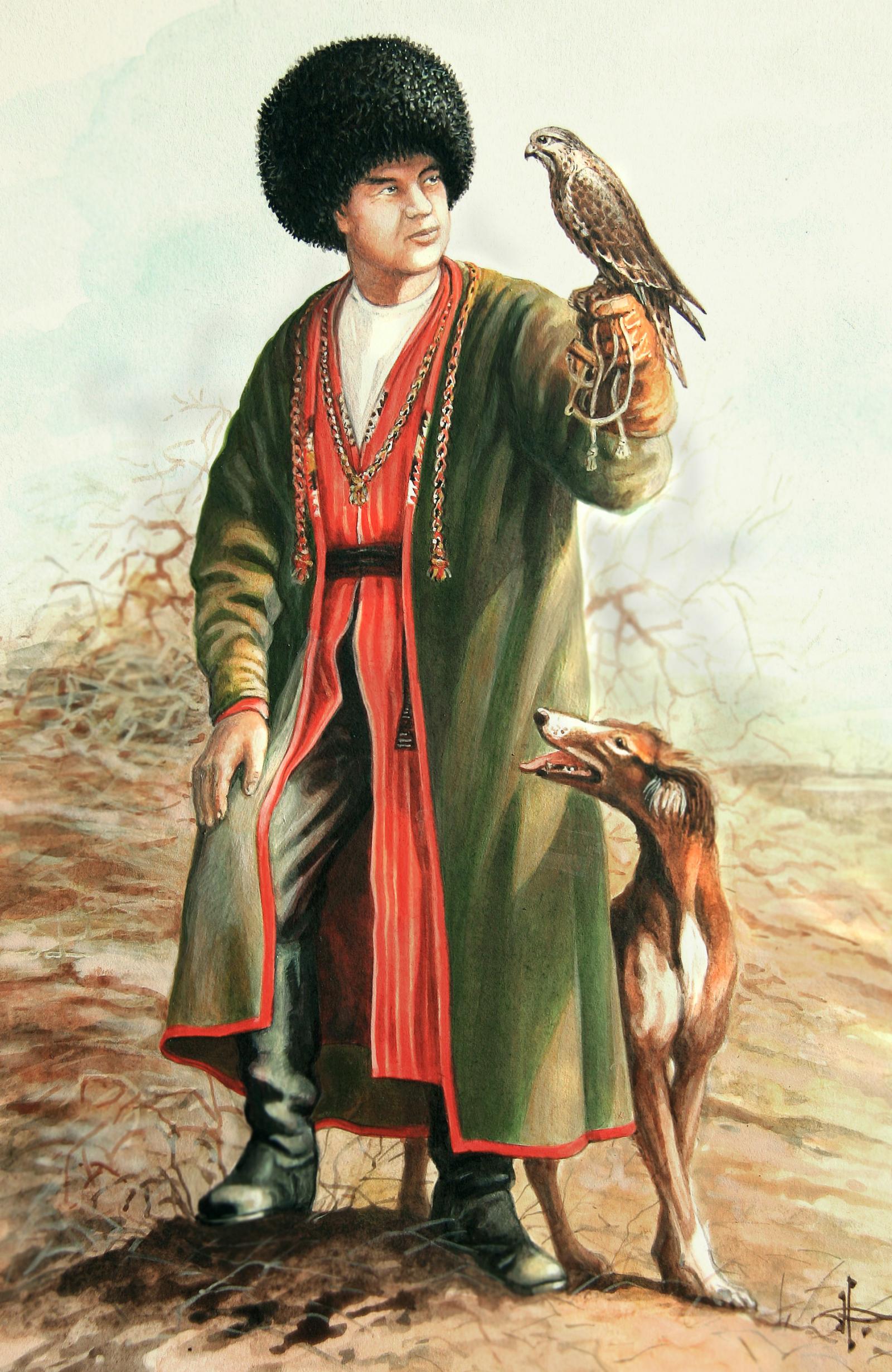 Turkmenian falconer with falcon and Tazy by Alexander Degtev