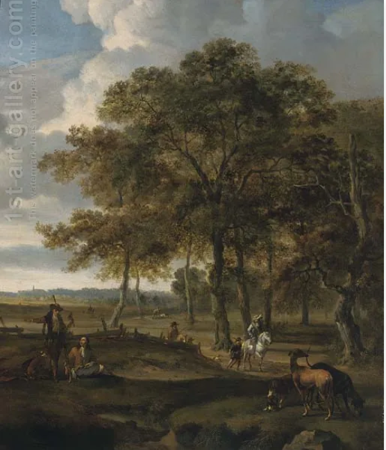  A landscape with a hawking party and hare coursing by Jan Wynants (1632-1684)