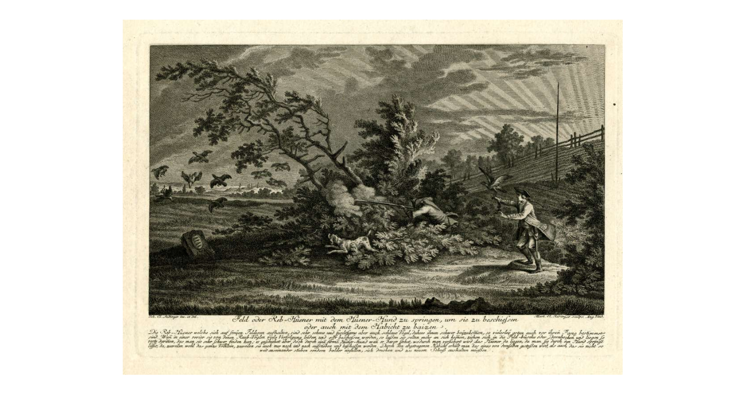   Landscape with a hunter taking aim at a flock of partridges at left, while his hound is about to c