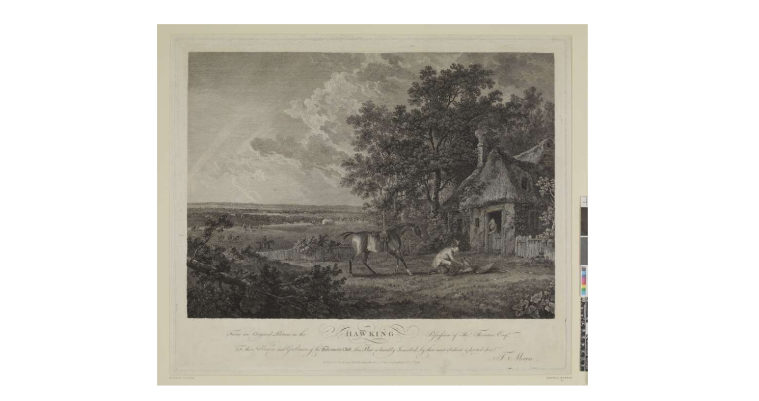 Rural landscape with figure, accompanied by his horse, retrieving falcon by Sawrey Gilpin (1733-1807
